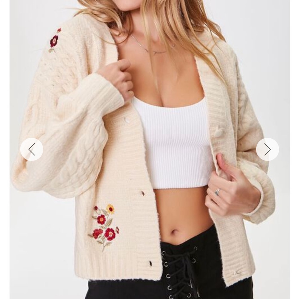 Forever 21 Cream Embroidered Cardigan